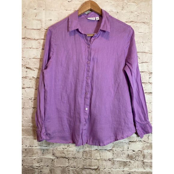 Kim Rogers Linen Top Womens Petite Medium Lavender Purple Button Up Beachy - Picture 1 of 11